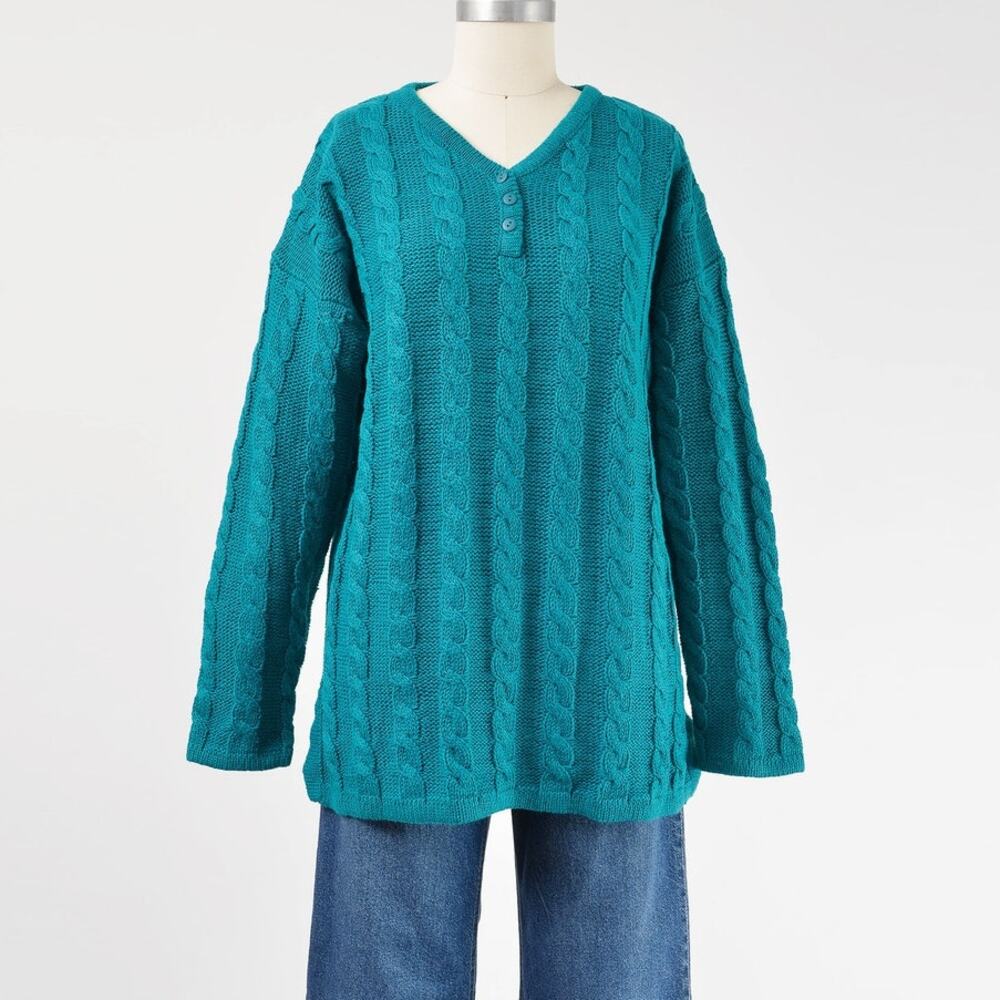 Vintage 90s Teal Cable Knit Ramie Cotton Sweater size L